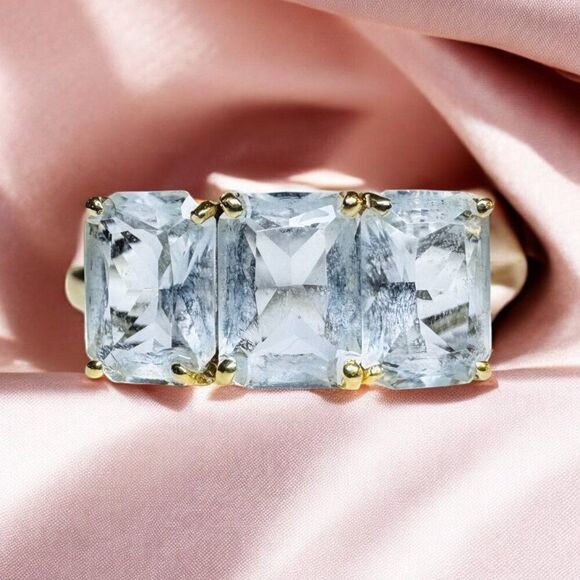 Vintage- 14K Gold- Aquamarine Ring- sz 10.25 -Emerald Cut-3CT- Three Stone -2.4g - Picture 1 of 16